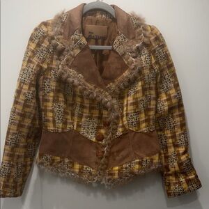 John Galliano Yellow-Brown Plaid Blend Blazer with Fur Trim